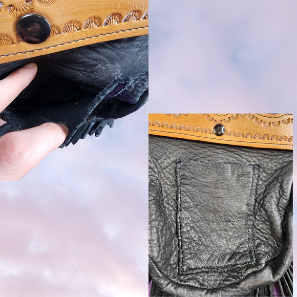 Handmade Black Leather Brown Tooled Turquoise Gem Boho Western Cowgirl Bag - Picture 7 of 7